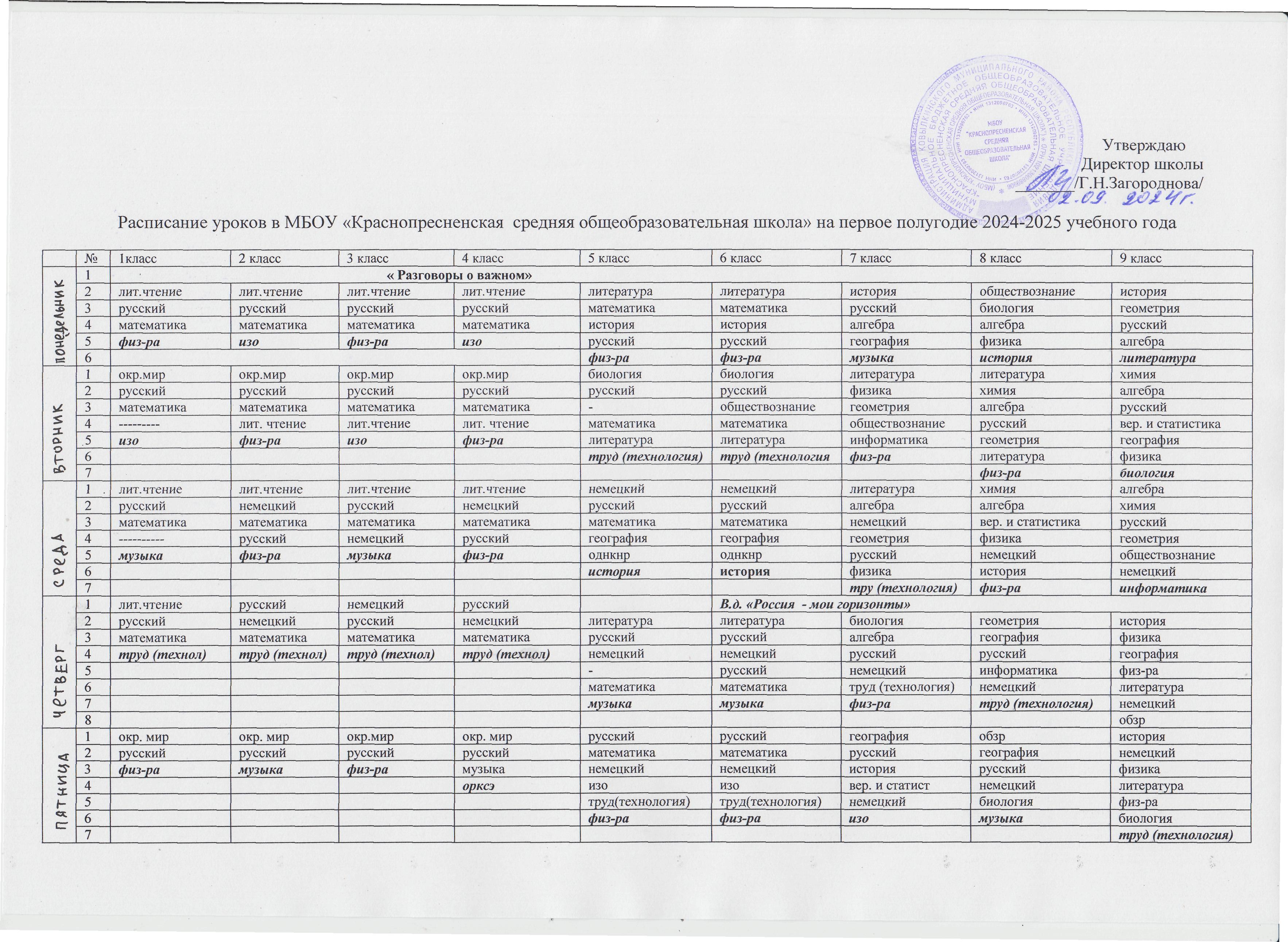 Расписание уроков   в МБОУ &amp;quot;Краснопресненская средняя общеобразовательная школа&amp;quot; на  первое полугодие 2024-2025  учебного года